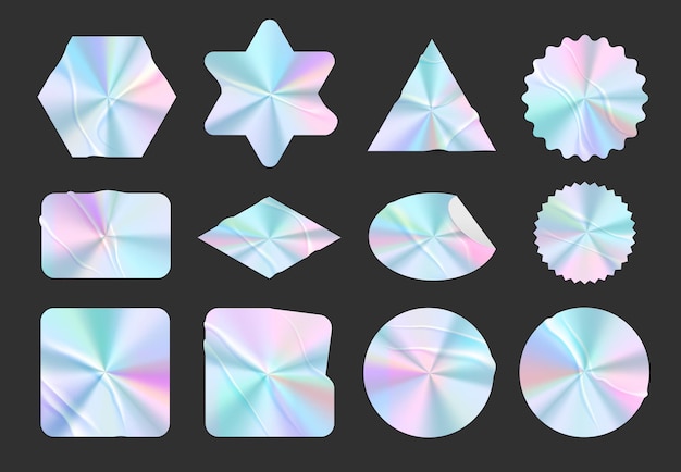 Free Vector realistic stickers and labels hologram set of isolated badges with different shapes and similar gradient background vector illustration