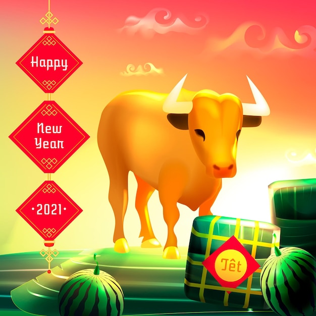 Free Vector realistic tet with bull and watermelon