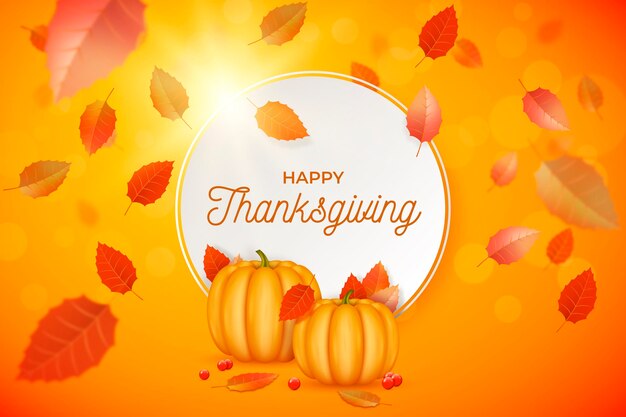 Realistic thanksgiving background with leaves and pumpkins