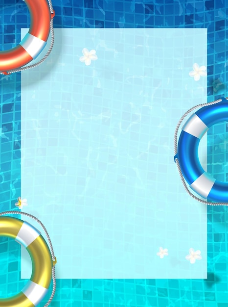 Free Vector realistic vector illustration pool party banner top view with lifebyous