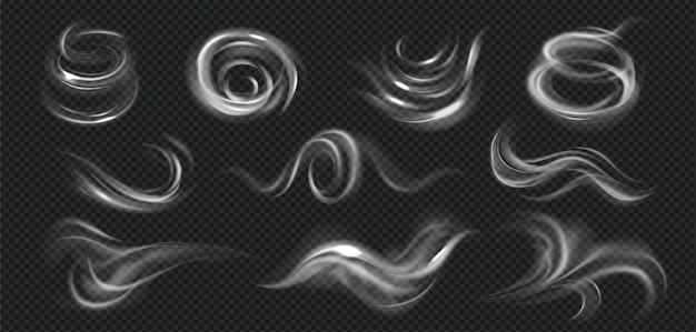 Free Vector realistic wind swirls set with monochrome images of smoke wisps of different shape on transparent background vector illustration