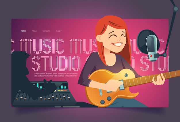 Recording studio cartoon landing page with singer