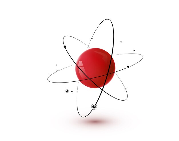 Red atom with core, orbits and electrons isolated. 3D nuclear chemistry technology concept.