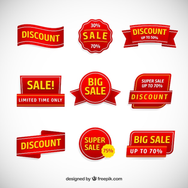 Free Vector red and yellow discount sticker pack