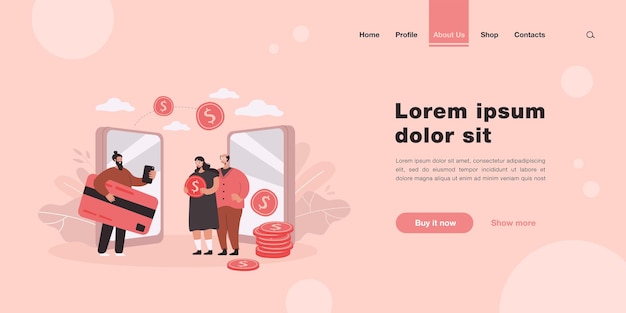 Free Vector remittance and money transfer between relatives landing page in flat style