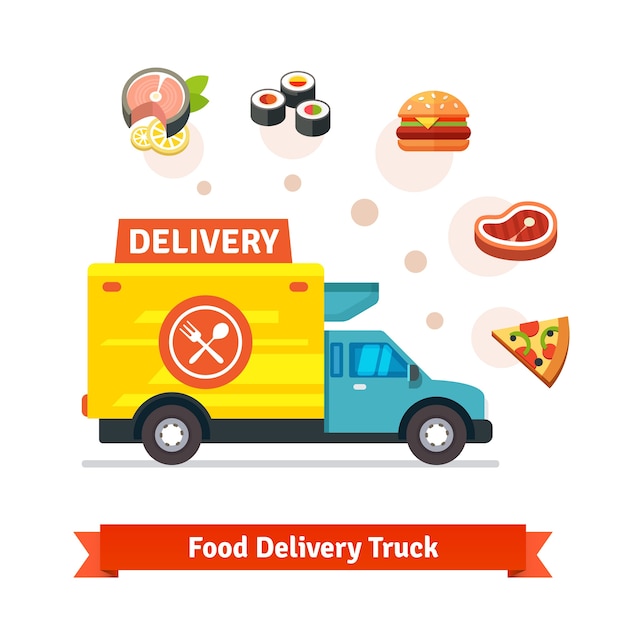 Restaurant food delivery truck with meal icons