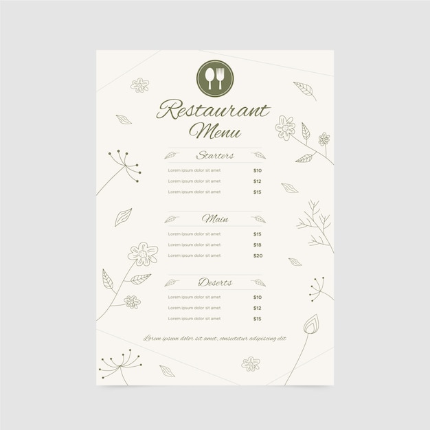 Free Vector restaurant menu template with floral ornaments