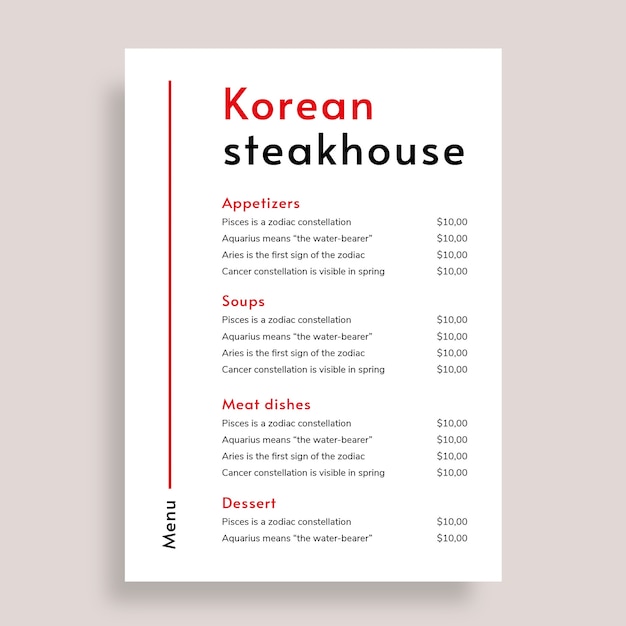 Restaurant menu template with food choices