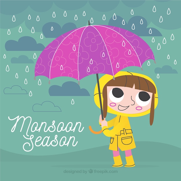 Free Vector retro background of girl with raincoat and umbrella