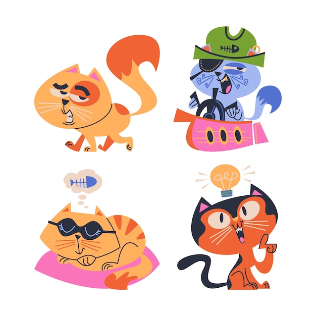 Free vector retro cartoon cat emojis stickers collection