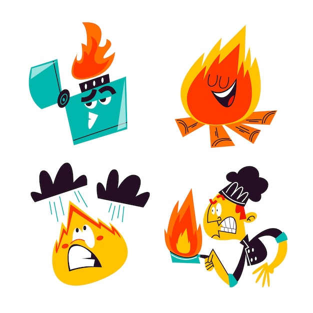 Free Vector retro cartoon fire stickers collection