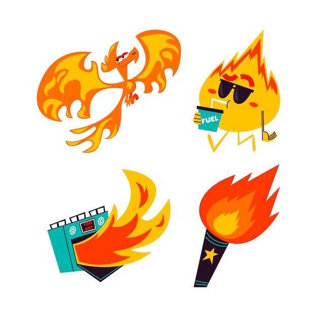 Free Vector retro cartoon fire stickers collection