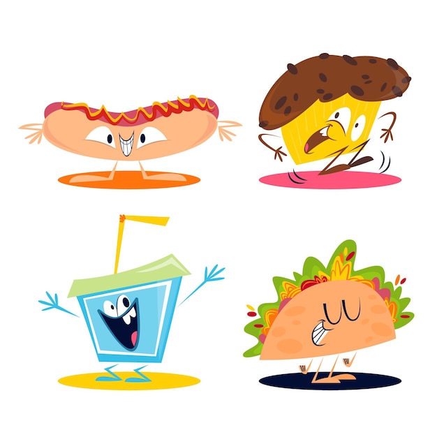 Free Vector retro cartoon food stickers set