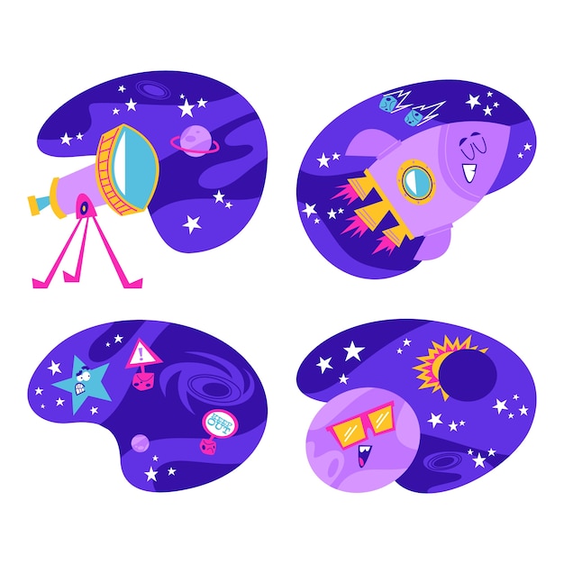 Free vector retro cartoon galaxy stickers collection