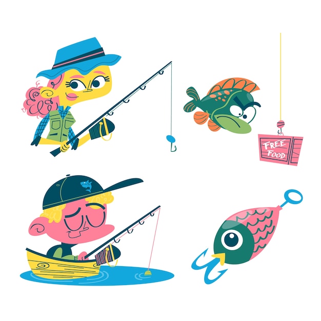 Free vector retro cartoon style fishing stickers