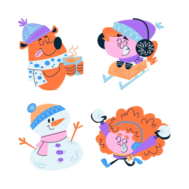 Free vector retro cartoon winter stickers collection