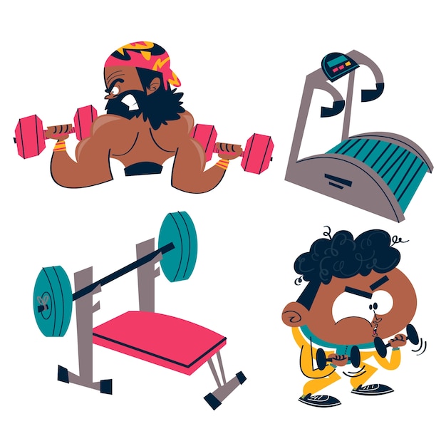 Free vector retro cartoon workout stickers collection