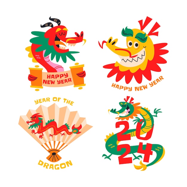 Free Vector retro cartoon year of the dragon stickers collection