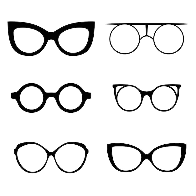 Retro collection of 6 various glasses Sunglasses black silhouettes Eye set Vector illustration