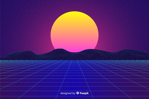 Retro futuristic landscape background with sun