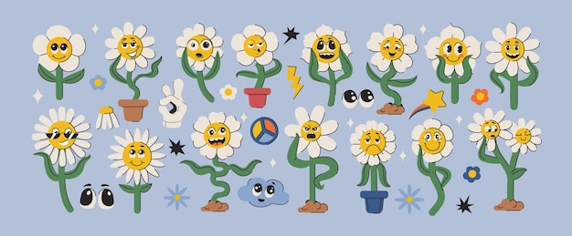 Free vector retro groovy daisy flowers face funky flower stickers with different facial expressions