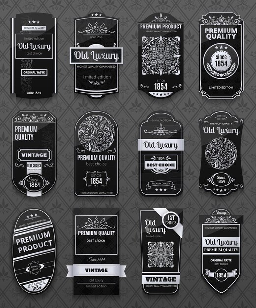 Retro luxury labels set in black and white color isolated on gray