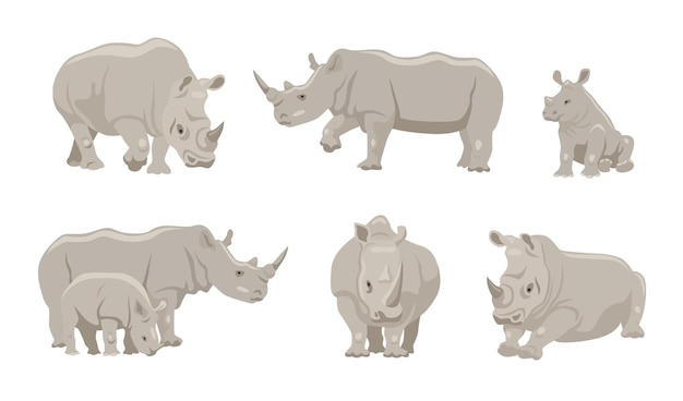 Free Vector rhinoceros with young animal cartoon illustration set. gray rhino character in different positions, walking, lying and sitting on white background. animal, family, wildlife concept