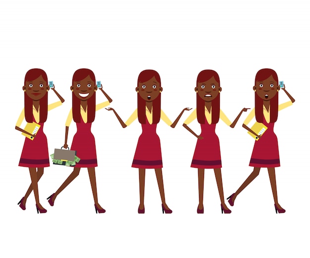 Free Vector rich black girl at shopping character set with different poses