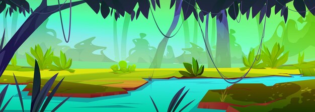 River in jungle forest vector tropical landscape background Lake water cartoon nature illustration with grass creeper and wild amazon scenery Rainforest game scene design with beautiful valley