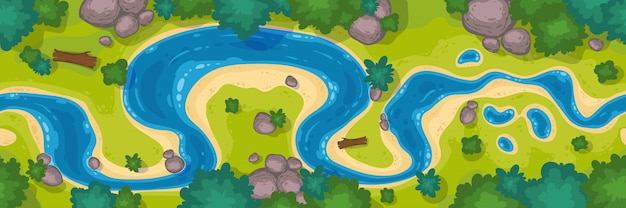 Free Vector river top view, cartoon curve riverbed with blue water, coastline with rocks, trees and green grass