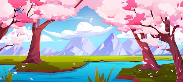 Free vector riverside sakura garden on mountain background vector cartoon illustration of river water flowing between old cherry blosson trees with pink flowers asian spring park under blue sky with clouds