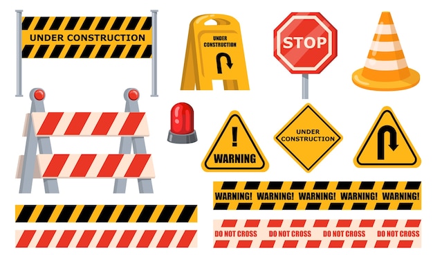 Free vector road barriers set. warning and stop signs, under construction boards, yellow tape and cone. flat vector illustrations for roadblock, roadwork, traffic barricade concept.