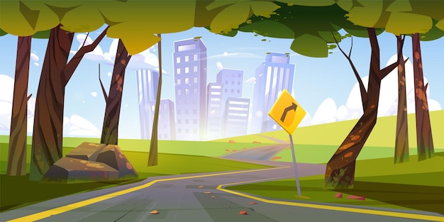 Free Vector road to city building cartoon vector game background cityscape street sunny landscape scene with sky and skyscraper house view highway to modern town through summer nature design illustration