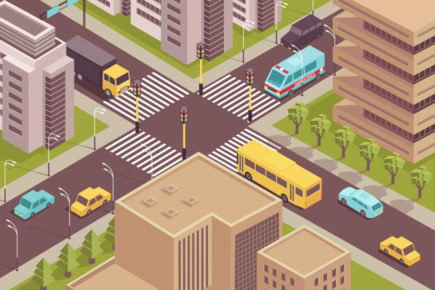 Road city isometric scenery with birds eye view of signalized intersection with cars and modern buildings  illustration