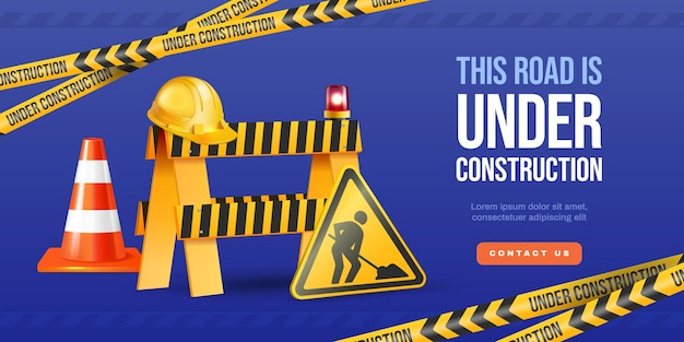 Free vector road under construction horizontal poster in realistic style with warning signs and barriers on blue background vector illustration