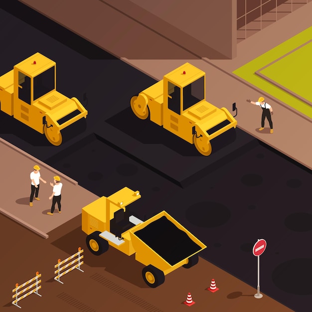 Free Vector road construction isometric composition with outdoor view of city street with characters of workers and machinery illustration