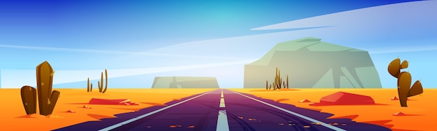 Free Vector road in desert scenery landscape with rocks and dry ground. straight empty highway in arizona grand canyon, asphalted way disappear into the distance with sun. cartoon vector illustration