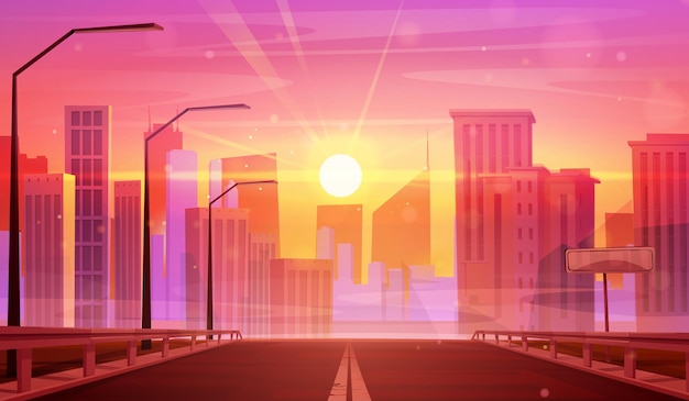 Free Vector road leads to city with high buildings at sunset