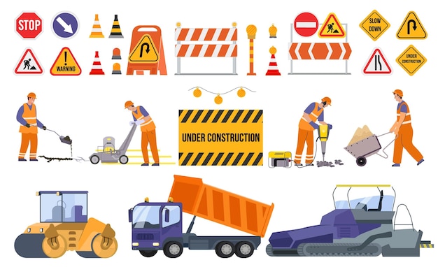 Road repair flat set of machinery items and workers in orange uniform working with jackhammer and asphalt paver isolated vector illustration