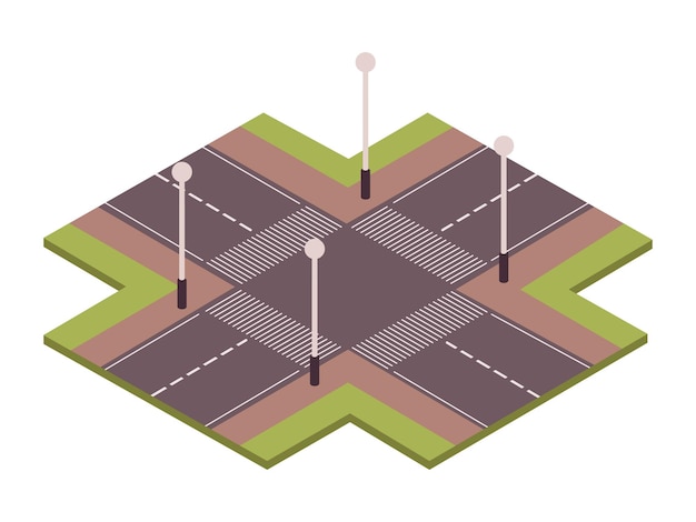 Free vector road set isometric composition with view of uncontrolled road intersection with zebra crossings vector illustration