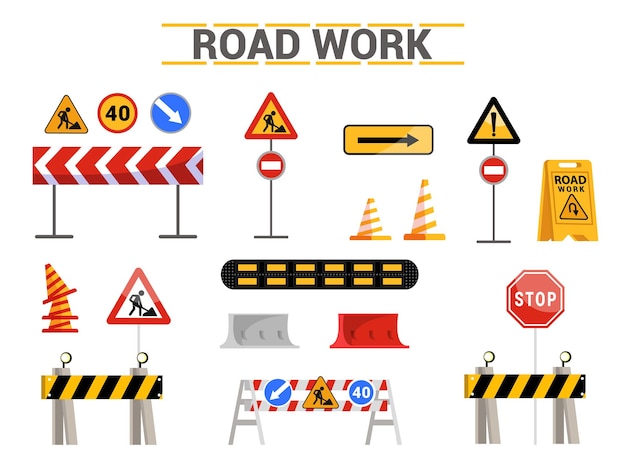 Road work signs set drivers warnings directions pack Traffic signs waymarks road pavement repair