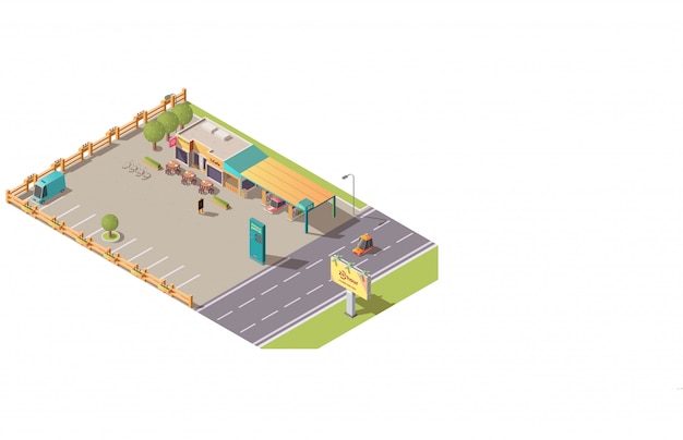 Roadside cafeteria or road cafe building isometric