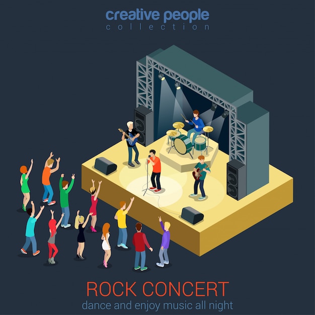 Free Vector rock pop music band professional concert flat isometric concept young people playing instruments dancing near scene stage  .