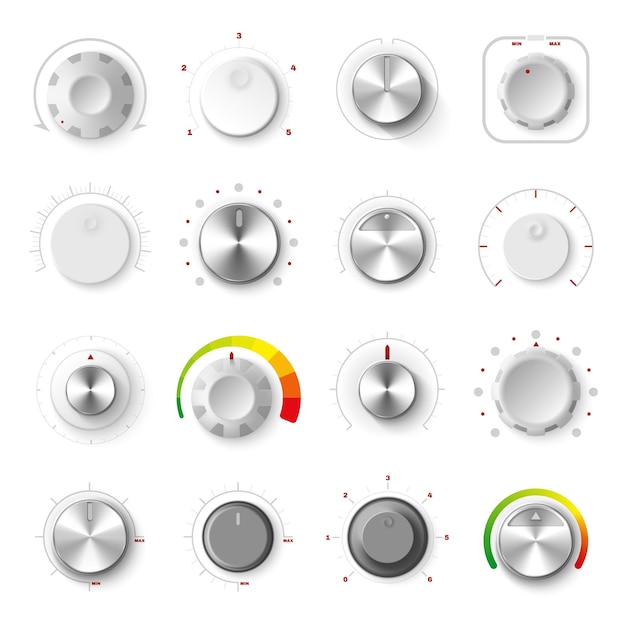 Free Vector round adjustment dial on white background realistic set of analogue knobs for level control isolated vector illustration