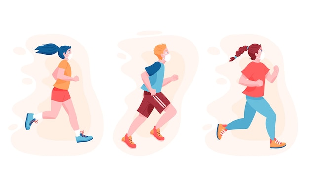 Free Vector runners with medical masks