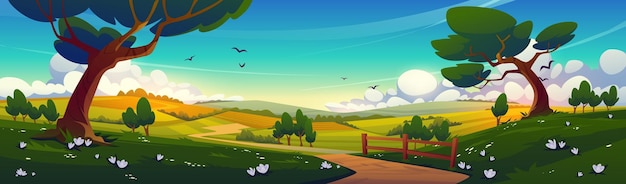 Free vector rural landscape with green trees and fields