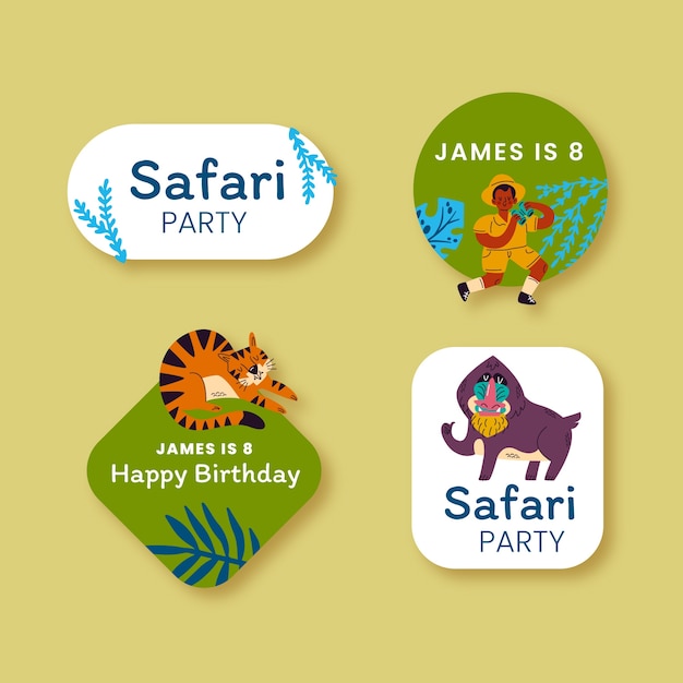 Free Vector safari party with wild animals labels collection