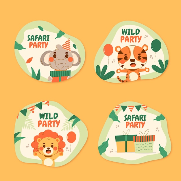 Free Vector safari party with wild animals labels collection