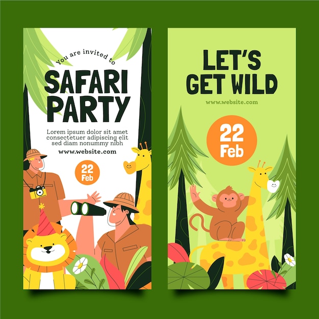 Free Vector safari party with wild animals vertical banners set