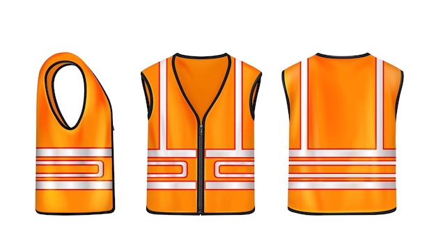 Free vector safety vest front side and back view orange sleeveless jacket with reflective stripes for road works
